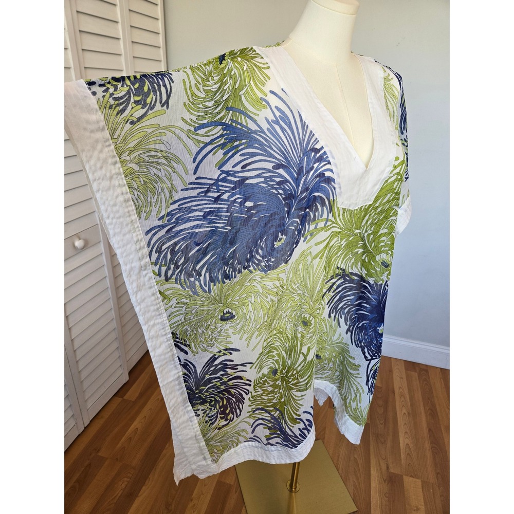 Tropical Print Caftan Tunic Sheer Cover Up One Size Resort Boho Beach Vacation - Picture 3 of 10